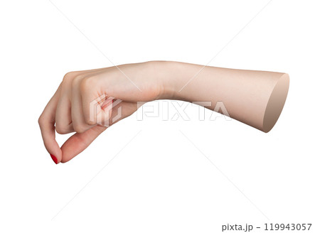 Female hand with red polished nails pinching a small object between thumb and forefinger isolated on Female hand with red polished nails pinching a small object between thumb and forefinger isolated on 119943057
