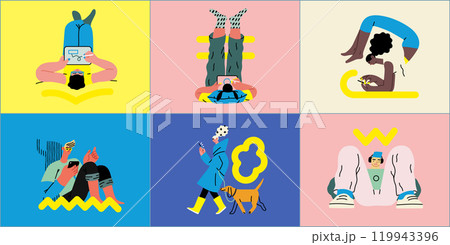 Creative workspace, modern flat vector concept illustration of a person working with a computer Remote work, flexibility, independence, efficiency, mobility, synergy, freedom 119943396