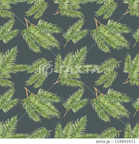 Spruce branches with green needles in a seamless watercolor pattern. Fir, pine, cedar twigs clipart for holiday fabric designs Spruce branches with green needles in a seamless watercolor pattern. Fir, pine, cedar twigs clipart for holiday fabric designs 119943411