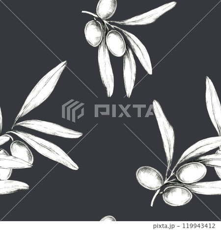 Pencil-drawn olives and branches on dark background. Minimalistic seamless pattern, ideal for textile prints, wrapping paper Pencil-drawn olives and branches on dark background. Minimalistic seamless pattern, ideal for textile prints, wrapping paper 119943412