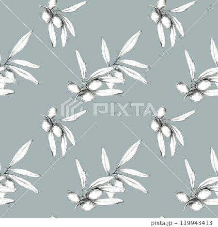 Olive branches and olives drawn in pencil against a muted blue background. Botanical hand drawn seamless pattern. 119943413