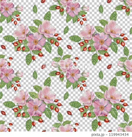 Flowers of Rosa Canina, wild rose buds, rosehip, and green leaves. Watercolor clipart, seamless pattern. Ideal for fabric design, wallpapers, or stationery, offering a nature-inspired artistic touch Flowers of Rosa Canina, wild rose buds, rosehip, and green leaves. Watercolor clipart, seamless pattern. Ideal for fabric design, wallpapers, or stationery, offering a nature-inspired artistic touch 119943434