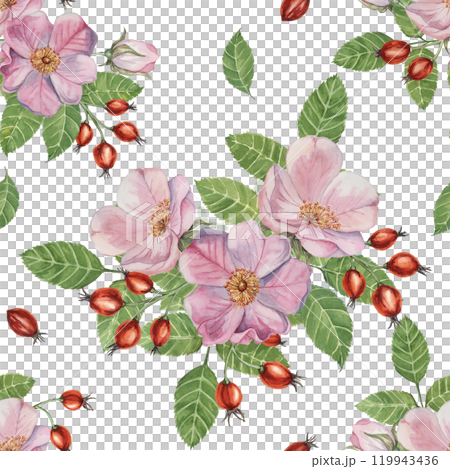 Flowers of Rosa Canina, wild rose buds, rosehip, and green leaves. Watercolor clipart, seamless pattern. Ideal for fabric design, wallpapers, or stationery, offering a nature-inspired artistic touch Flowers of Rosa Canina, wild rose buds, rosehip, and green leaves. Watercolor clipart, seamless pattern. Ideal for fabric design, wallpapers, or stationery, offering a nature-inspired artistic touch 119943436