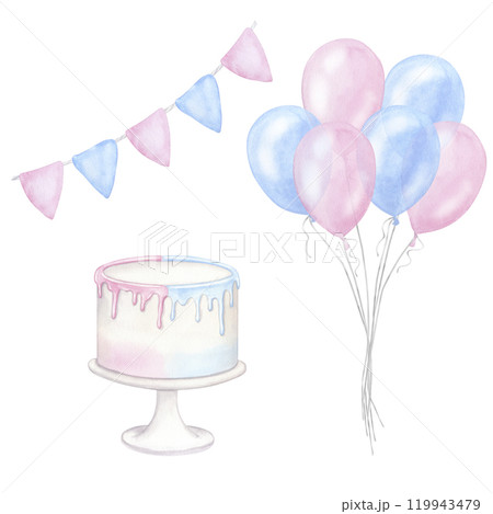 Gender reveal party pink blue set of elements. Boy or girl, he or she. Balloons, cake, garland of flags. Hand drawn watercolor illustration isolated on white background. For baby shower, children 119943479