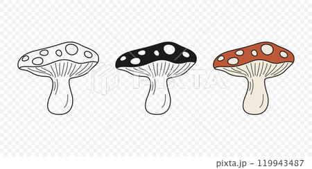 Flat Vector Hand Drawn Cartoon Fly Agaric Mushrooms Outline Illustration. Amanita Muscaria, Fly Agaric Illustration, Mushrooms. Magic Mushroom Icons, Design Template Flat Vector Hand Drawn Cartoon Fly Agaric Mushrooms Outline Illustration. Amanita Muscaria, Fly Agaric Illustration, Mushrooms. Magic Mushroom Icons, Design Template 119943487