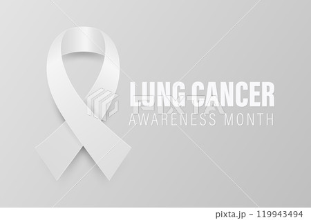 Vector Realistic Lung Cancer Awareness Banner With White Ribbon. Realistic White Ribbon on Gray Background. Lung Cancer Support Symbol. Medical Banner, Health Campaign. White Ribbon Loop Illustration 119943494