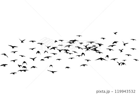 Flying birds silhouette flock. hand drawing. Not AI. Vector illustration 119943532