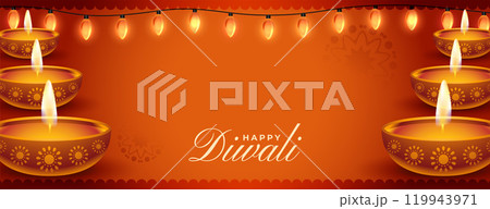 realistic happy diwali festival banner with lights and diya decoration 119943971