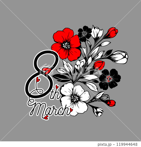 International women's day poster. Postcard with flowers red black. March 8. Hand drawn. Not AI, Vector illustration 119944648