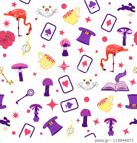 Wonderland pattern elements rabbit, Cheshire cat, flamingo cards hat cup and mushrooms and clock. 119944873