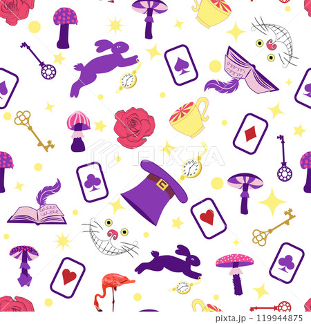 Wonderland pattern elements rabbit, Cheshire cat, flamingo cards hat cup and mushrooms and clock. Wonderland pattern elements rabbit, Cheshire cat, flamingo cards hat cup and mushrooms and clock. 119944875