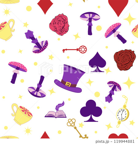 Wonderland pattern elements rabbit, Cheshire cat, flamingo cards hat cup and mushrooms and clock. 119944881
