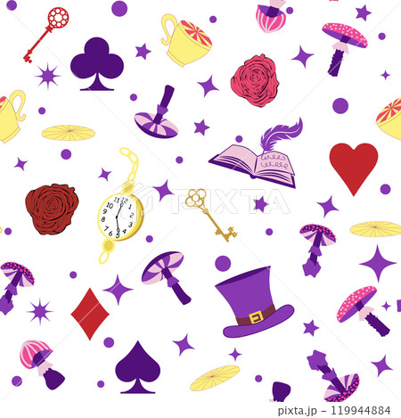 Wonderland pattern elements rabbit, Cheshire cat, flamingo cards hat cup and mushrooms and clock. Wonderland pattern elements rabbit, Cheshire cat, flamingo cards hat cup and mushrooms and clock. 119944884