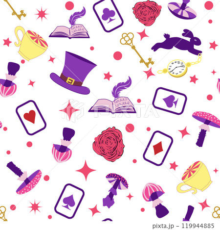 Wonderland pattern elements rabbit, Cheshire cat, flamingo cards hat cup and mushrooms and clock. Wonderland pattern elements rabbit, Cheshire cat, flamingo cards hat cup and mushrooms and clock. 119944885