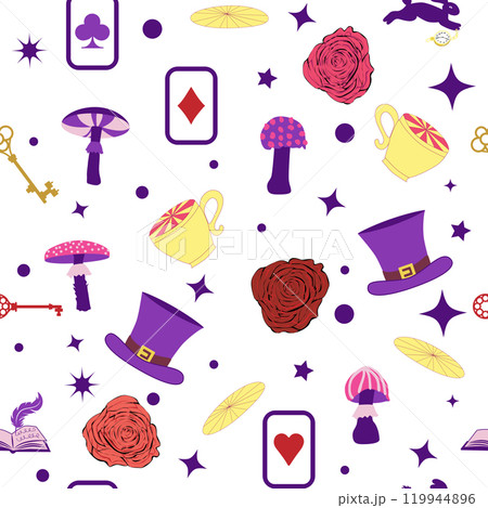 Wonderland pattern elements rabbit, Cheshire cat, flamingo cards hat cup and mushrooms and clock. Wonderland pattern elements rabbit, Cheshire cat, flamingo cards hat cup and mushrooms and clock. 119944896