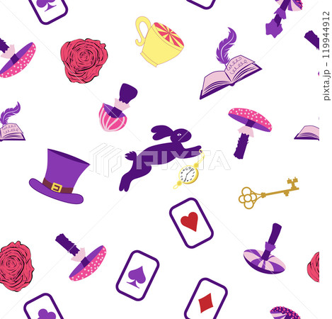 Wonderland pattern elements rabbit, Cheshire cat, flamingo cards hat cup and mushrooms and clock Wonderland pattern elements rabbit, Cheshire cat, flamingo cards hat cup and mushrooms and clock 119944912