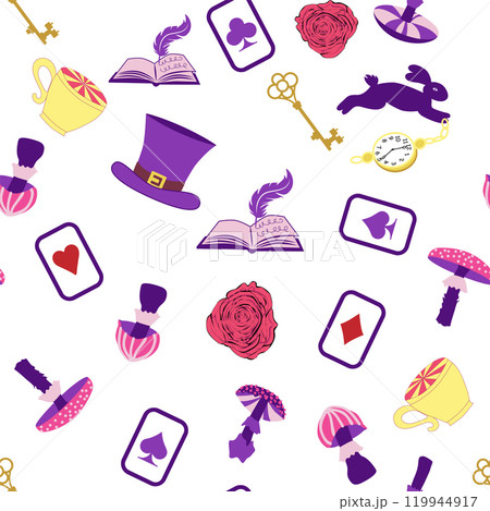 Wonderland pattern elements rabbit, Cheshire cat, flamingo cards hat cup and mushrooms and clock 119944917