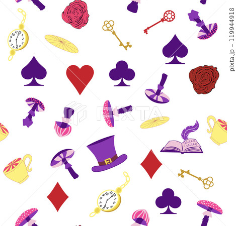 Wonderland pattern elements rabbit, Cheshire cat, flamingo cards hat cup and mushrooms and clock Wonderland pattern elements rabbit, Cheshire cat, flamingo cards hat cup and mushrooms and clock 119944918