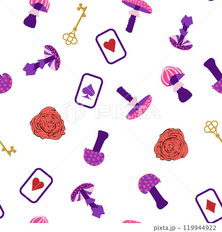 Wonderland pattern elements rabbit, Cheshire cat, flamingo cards hat cup and mushrooms and clock Wonderland pattern elements rabbit, Cheshire cat, flamingo cards hat cup and mushrooms and clock 119944922