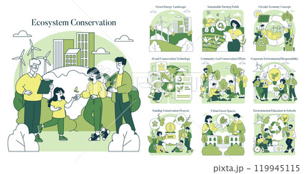 Ecosystem Conservation set. Diverse approaches to sustainability and ecosystem protection. Community, technology, and corporate responsibility themes. Vector illustration. Ecosystem Conservation set. Diverse approaches to sustainability and ecosystem protection. Community, technology, and corporate responsibility themes. Vector illustration. 119945115