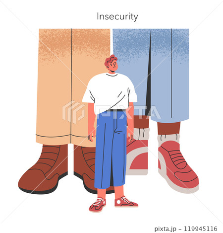 Insecurity concept. An individual stands overshadowed by towering figures conveying feelings of inadequacy. Visual metaphor for self-doubt. Vector illustration. Insecurity concept. An individual stands overshadowed by towering figures conveying feelings of inadequacy. Visual metaphor for self-doubt. Vector illustration. 119945116