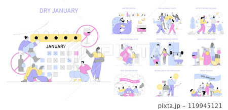 Dry January concept. Exploring alcohol abstinence through engaging activities and healthy alternatives. Wellness, self-care, and community support. Vector illustration. Dry January concept. Exploring alcohol abstinence through engaging activities and healthy alternatives. Wellness, self-care, and community support. Vector illustration. 119945121