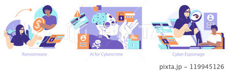 Cybercrime concept set. Illustrating ransomware attacks, AI in cybersecurity, and cyber espionage activities. Digital threat prevention and online security measures. Vector illustration. 119945126