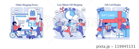 Super Saturday set. Consumers engage in online and offline shopping frenzy, securing last-minute gifts and gift cards. Vector illustration. Super Saturday set. Consumers engage in online and offline shopping frenzy, securing last-minute gifts and gift cards. Vector illustration. 119945131
