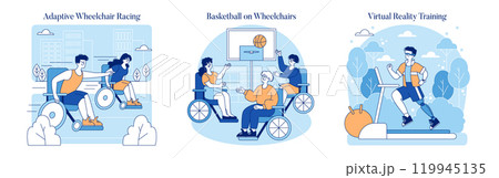 Adaptive sports set showcasing wheelchair racing, basketball, and virtual reality training for people with disabilities. Inclusive athletics and technology. Vector illustration. 119945135