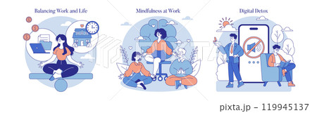 Work Burnout Prevention set. Strategies for life balance, mindful practices, and disconnecting from digital devices. Coping with stress through healthy routines. Vector illustration. Work Burnout Prevention set. Strategies for life balance, mindful practices, and disconnecting from digital devices. Coping with stress through healthy routines. Vector illustration. 119945137