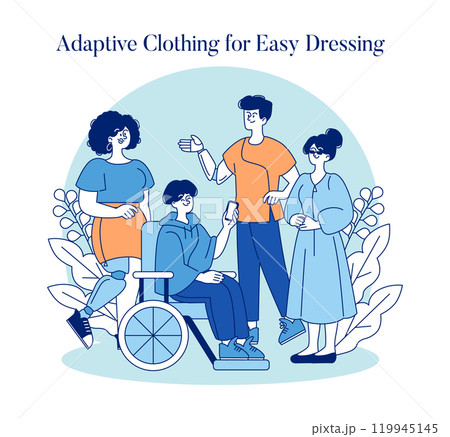 Adaptive clothing concept. Inclusive fashion for people with disabilities, showcased by diverse individuals with ease of dressing. Vector illustration. 119945145