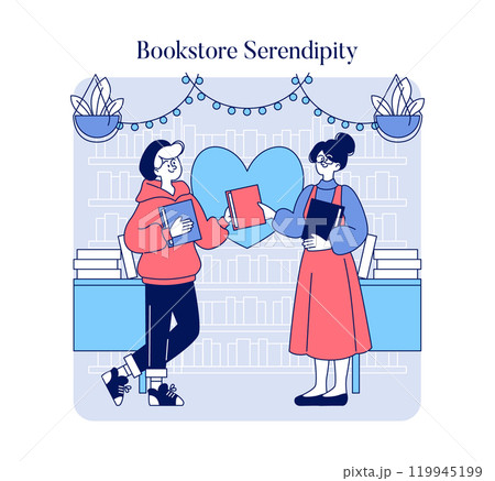 In a cozy bookstore, two enthusiastic book lovers delightfully share their favorite reads with each other In a cozy bookstore, two enthusiastic book lovers delightfully share their favorite reads with each other 119945199