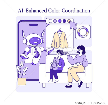 AI stylist concept. A woman interacts with a virtual fashion assistant on her smartphone for outfit selection. Technology in personalized wardrobe management. Vector illustration. 119945207