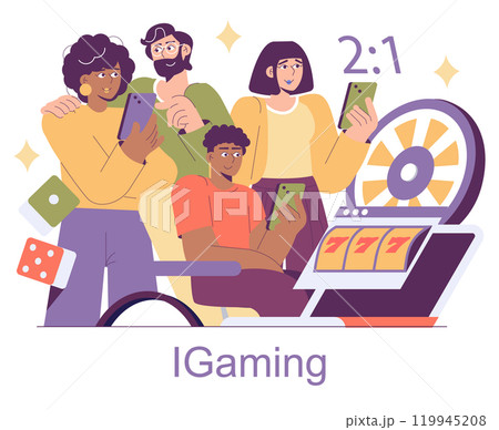 Igaming concept. Friends enjoy mobile gambling, surrounded by casino elements, showcasing the thrill of online betting. Group leisure activity with digital devices. Vector illustration. 119945208