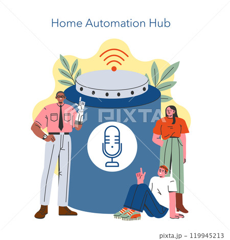 Smart Home Hub concept. People interacting with a central home automation device. Modern technology for convenient living. Vector illustration. Smart Home Hub concept. People interacting with a central home automation device. Modern technology for convenient living. Vector illustration. 119945213