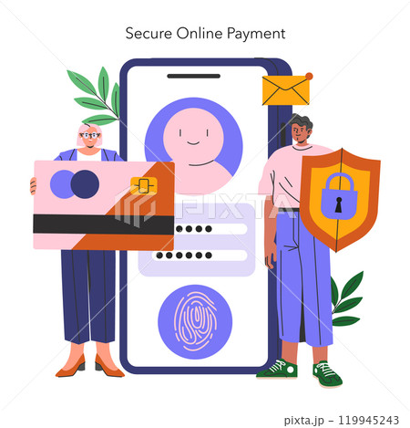 Secure online payment concept. Digital transaction and data protection with characters holding a credit card and shield. Vector illustration. 119945243
