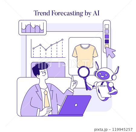 AI Stylist concept. An illustration of artificial intelligence forecasting fashion trends with a man and a robot analyzing data. Vector illustration. 119945257