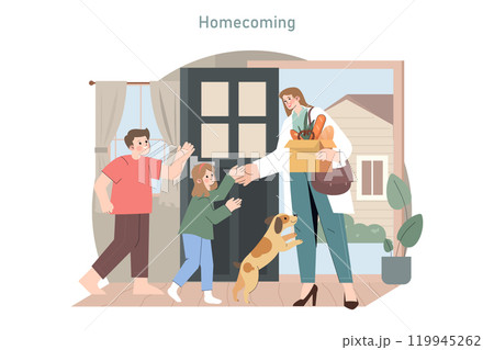 Heartwarming homecoming scene as a family joyfully greets a medical professional returning home with groceries. Vector illustration. 119945262