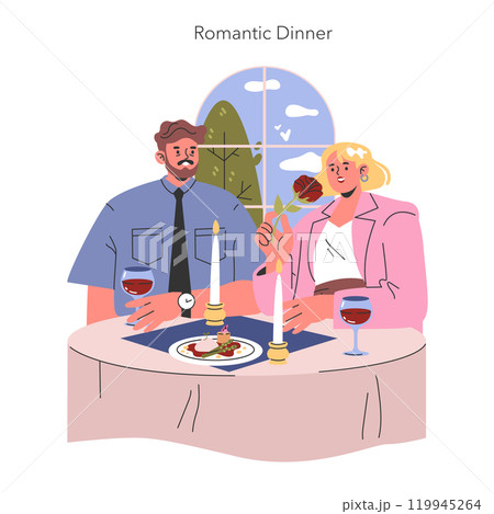 Romantic dinner concept. A couple enjoys a candlelit meal with wine, conveying love and intimacy. Indoor date night, relationship bonding. Vector illustration. 119945264