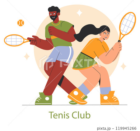 A vibrant illustration shows diverse players enjoying a tennis game at a busy local club full of enthusiasm A vibrant illustration shows diverse players enjoying a tennis game at a busy local club full of enthusiasm 119945266
