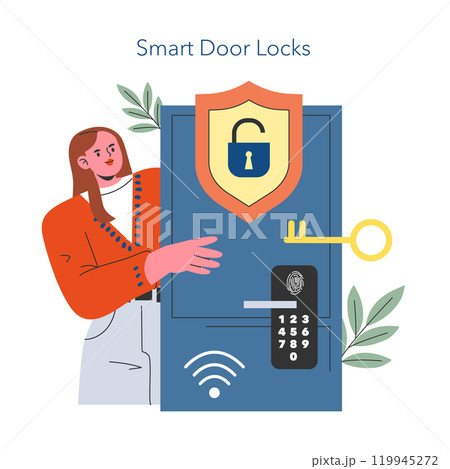Smart Home Security concept. Simplified home entry with advanced door lock technology. Person accessing digital lock for secure entry. Vector illustration. 119945272