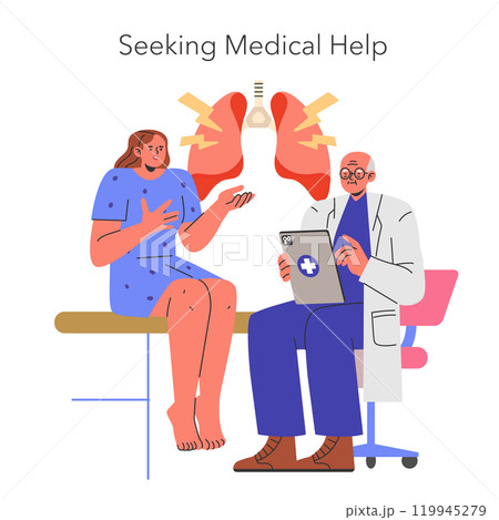 EVALI concept illustration. Patient consults with doctor about lung pain, highlighting the importance of medical advice. Vector illustration. EVALI concept illustration. Patient consults with doctor about lung pain, highlighting the importance of medical advice. Vector illustration. 119945279