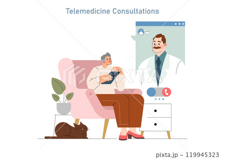 Telemedicine Consultation concept. A patient engages in a virtual medical appointment from home with a friendly doctor. Vector illustration. 119945323