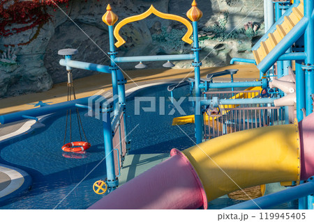Water Park Slide Pool Children - Blue Pool with Water Slide and Play Structure for Kids - Children's Water Park with a Large Slide and a Pool 119945405