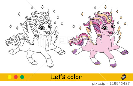 Kids coloring with cute dreaming unicorn with wings and sparks 119945487