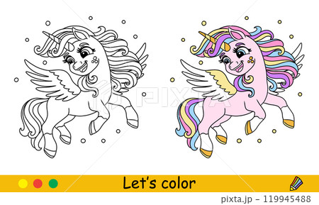 Kids coloring cute dreaming unicorn with wings vector 119945488