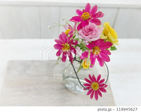 ピンクのジニアと薔薇 ピンクのジニアと薔薇 119945627