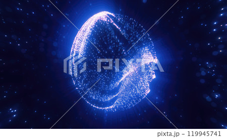 A blue sphere dotted with lights, floating in a dark expanse, reminiscent of a celestial body in a distant galaxy, highlighting abstract and digital art elements A blue sphere dotted with lights, floating in a dark expanse, reminiscent of a celestial body in a distant galaxy, highlighting abstract and digital art elements 119945741