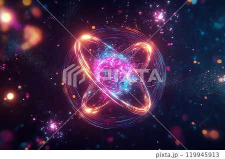 Atom with rotating electrons, energy and matter concept background 119945913