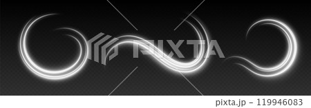 Glowing white light swirls with smooth, flowing curves. Light effect in motion concept. Glowing white light swirls with smooth, flowing curves. Light effect in motion concept. 119946083